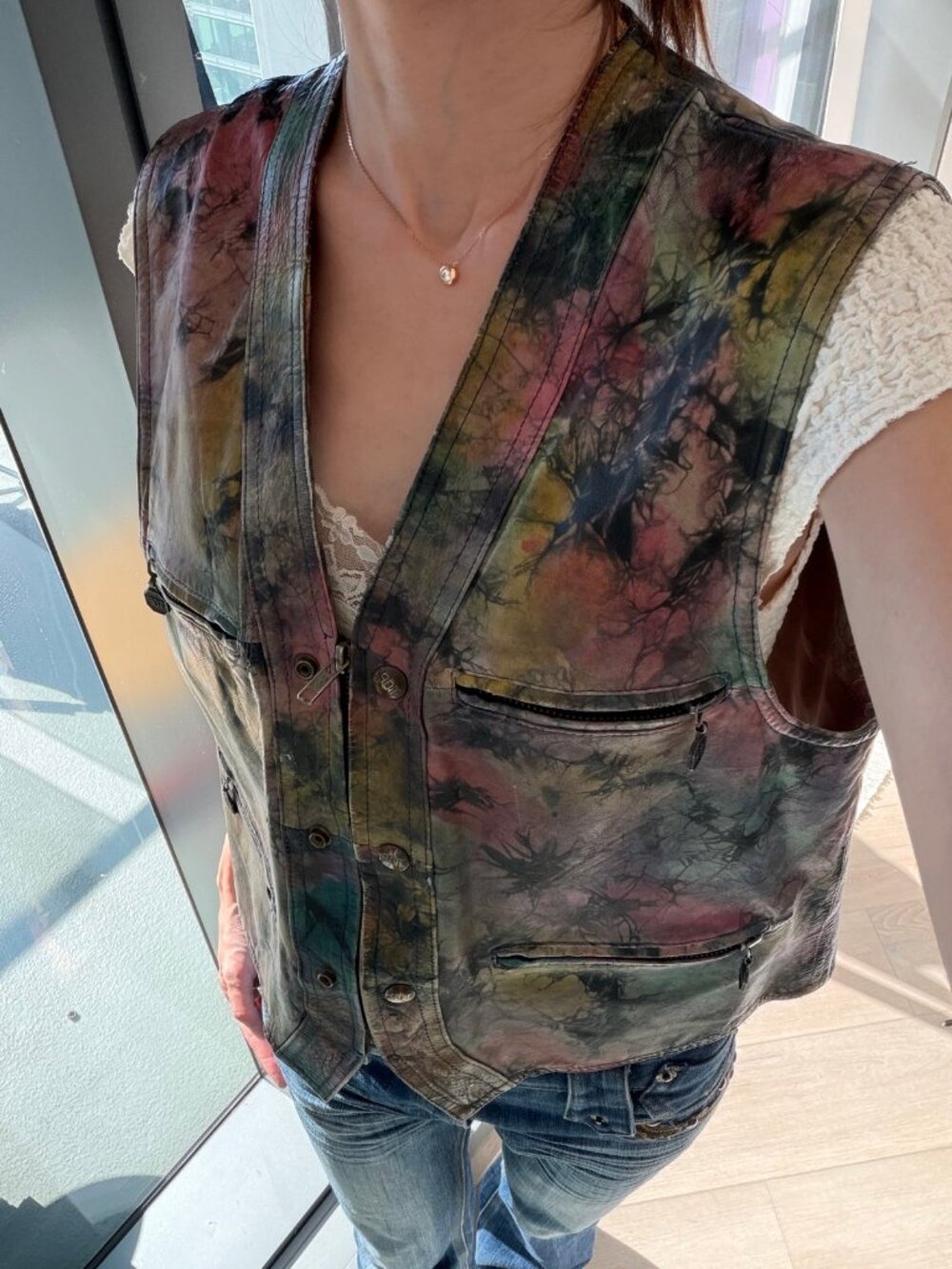 Multicolor Tie-Dye Leather Vest – Zip Pockets – One Size